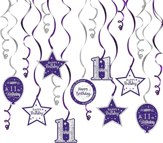 Happy 11th Birthday Purple & Silver Glitter Swirls Streamers Party Decorations - 15 Pcs 11th Birthday Hanging Swirls Streamers Kit,Cheers to Eleven Years Old Bday Party Sign.