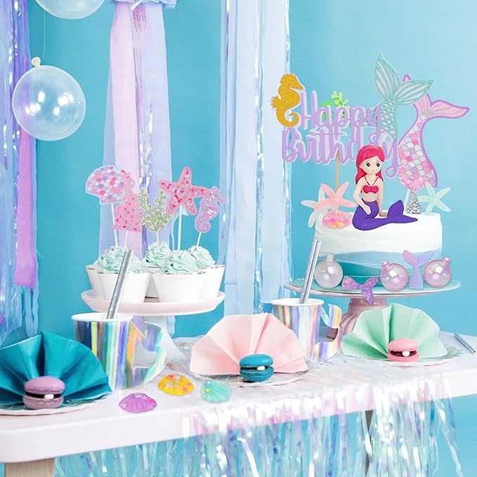 Mermaid Cake Toppers for Girl 30pcs Little Mermaid Figurine Under The Sea Ocean Cake Decor Seaweed Bubble Starfish Shell Mermaids Tail Cupcake Picks for Mermaids Princess Birthday Baby Shower
