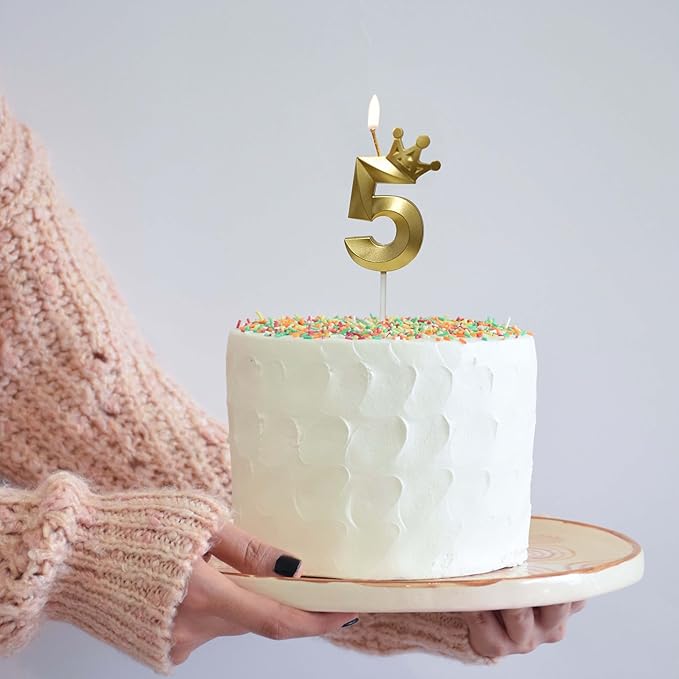 The Number 5 Gold Birthday Candles for Cake is Beautiful Number Candles for 5th Birthday Decorations for Boys and Girls (Gold-5, Crown)
