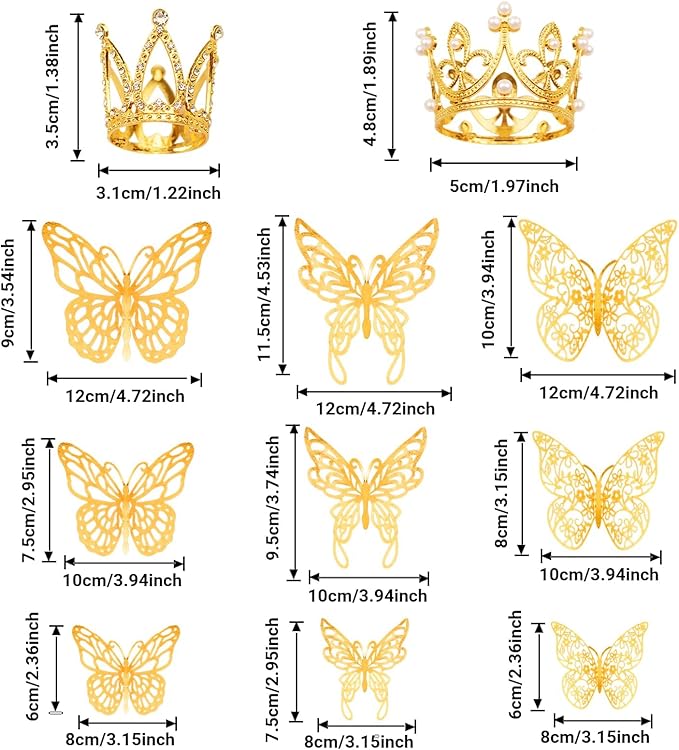42PCS Mini Crown Cake Topper Mini Tiara with 3D Gold Butterfly Decoration Vintage Pearl Rhinestone Crown Cake Topper Cupcake Topper Cake Decoration for Birthday Wedding Anniversity Party Baby Shower