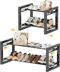 Homeiju Expandable Shoe Rack, 2 Tier Metal Shoe Shelf, Adjustable Shoe Stand for Sneakers, Boots, Heels, Heavy-Duty Steel Standing Shoe Organizer for Entryway, Closet, Bedroom, Black