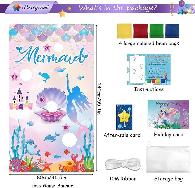iPartycool Mermaid Toss Game, Mermaid Birthday Party Games, Mermaid Bean Bag Toss Games, Mermaid Party Supplies, Mermaid Backdrop Mermaid Party Games for Kids Adults Outside Activities Outdoor Games