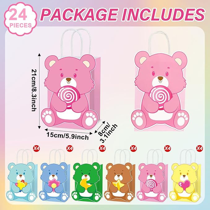 MinFyberd Cute Bear Party Favor Bags Cute Bears Paper Gift Bags with Handle Bear Goodie Candy Treat Bag Colorful Bears Birthday Party Decorations for Boy Girl Kids Birthday Baby Shower Supplies(24Pcs)