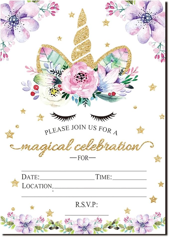 Magical Unicorn Birthday Invitations, Glitter Unicorn Invitations with Envelopes for Kids Birthday (24 Pack)