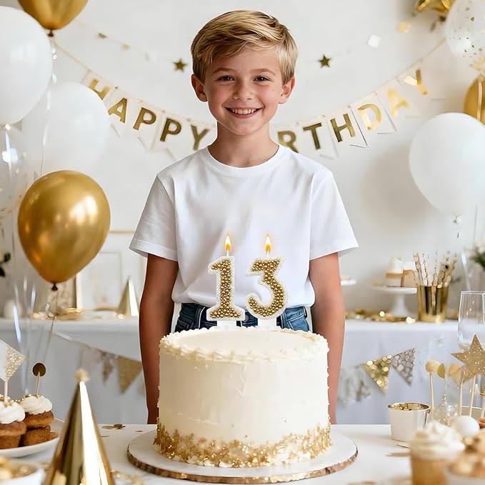 13 Birthday Number Candle for Cake, Glitter Number Candle with Gold Beads, Decorative Cake Topper for Milestone Celebrations