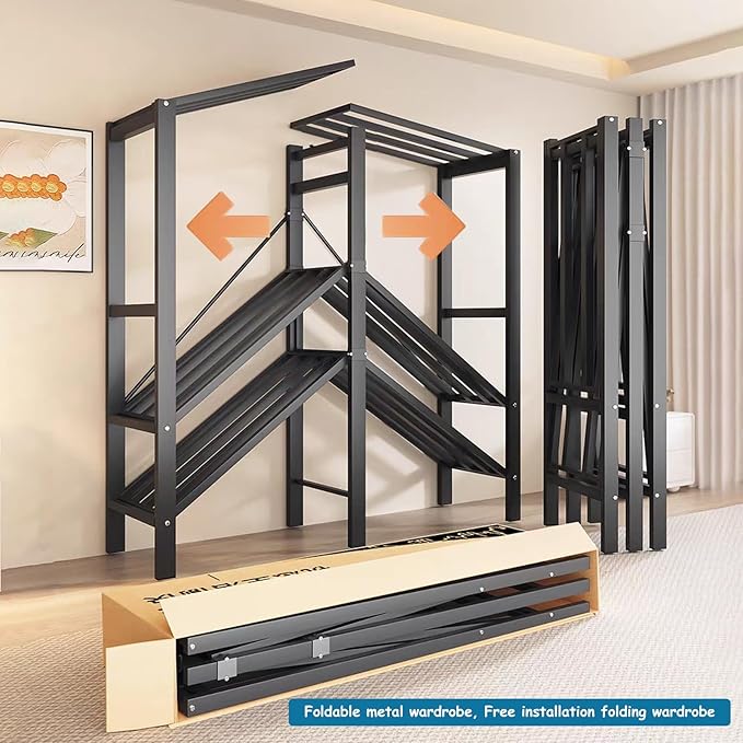 Heavy Duty Covered Clothes Rack with Magnetic Door Foldable Portable Wardrobe Closet for Hanging Clothing Rolling Black Metal Garment Rack on Wheels Closet System (Brown, 58.9in)