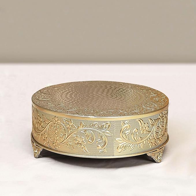 Efavormart 14" Gold Round Embossed Metal Cake Plateau Stand, Cake Riser for Holiday & Birthday Party Decor
