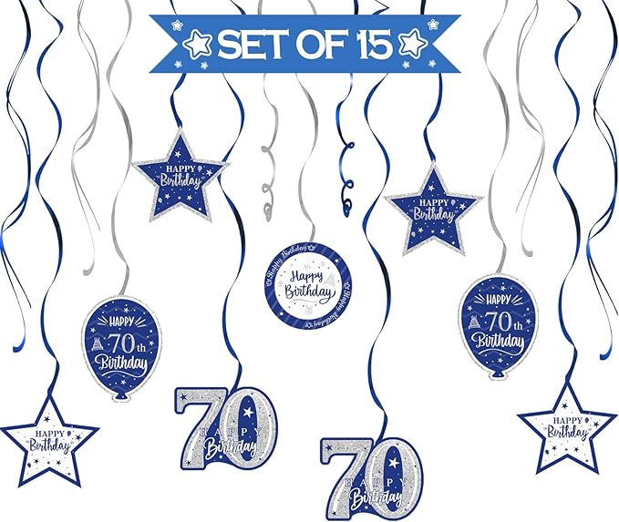 Happy 70th Birthday Blue & Silver Glitter Swirls Streamers Party Decorations - 15 Pcs 70th Birthday Hanging Swirls Streamers Kit,Cheers to Seventy Years Old Bday Party Sign.