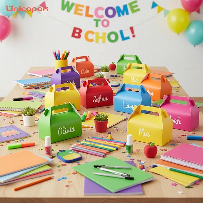UnicoPak 30 Pack Party Favor Bag Boxes, Gable Gift Boxes with Handles for Candies Treats Goodies Cookies Happy Meals, Ideal for Theme Birthday Party, Classroom Events, Valentine's Day, 6.5x3.5x3.5 Inches