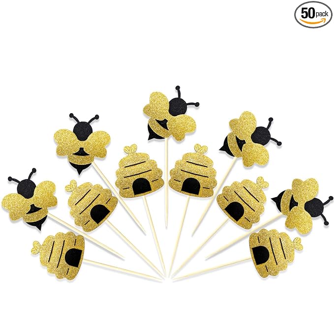 50 Pieces Bee Toothpicks Bulk Bee Cupcake Toppers Glitter Bee Cake Picks Decorations for Birthday Party Favors Supplies