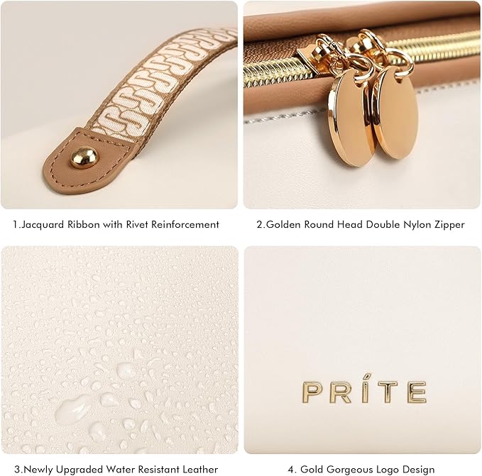 Prite Makeup Bag for Women Travel Waterproof Vegan Leather Cosmetic Bag Open Flat Toiletry Bag With Clear Divider and Handle (Beige, Medium)