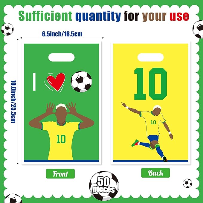 Andi Cppss Soccer Birthday Party Favor Bags - 50PCS Green and Yellow Soccer Goodie Snack Bags for Team Football Gift Bag for Snacks Football Treat Bag for Kids Birthday Game Celebration Party Favors