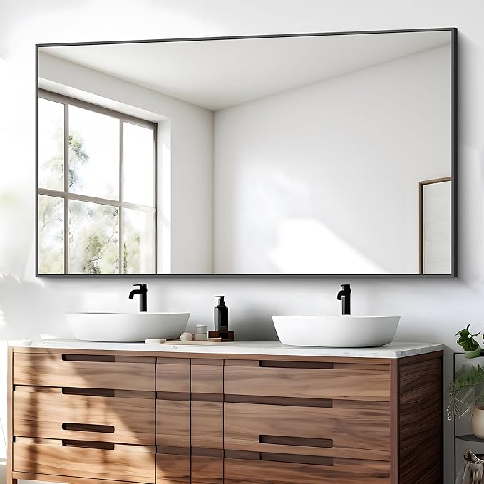 BONEWEI Bathroom Mirror, 30x55 inch Wall Mirror for Bathroom Wall Mounted Black Rectangle Square Corner Mirrors, Black Bathroom Mirror for Living Room, Farmhouse, Bedroom Entryway, Horizontal/Vertical