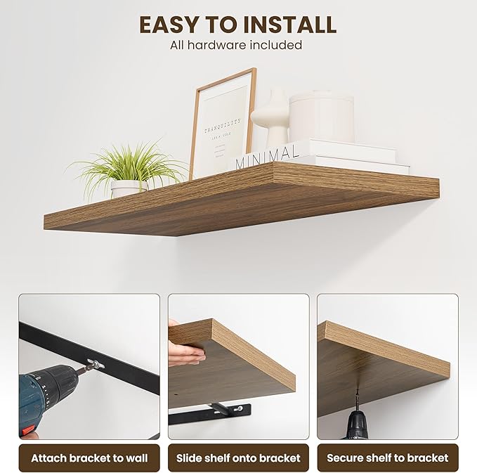 Dreamland 55" Floating Shelves for Wall, 12" Deep Slim Walnut Floating Shelves, Wall-Mounted Shelves for Bedroom, Living Room, Kitchen, Bathroom - Set of 2