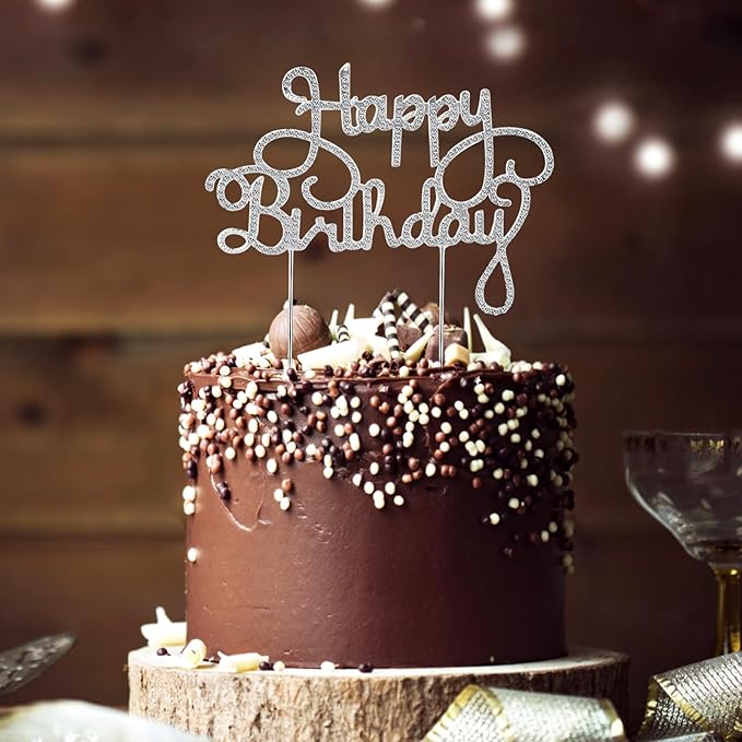 Happy Birthday Cake Topper Silver Crystal Rhinestone Birthday Cake Decoration for Women Metal Birthday Party Sparkly Bling Diamond Cake Topper Party Decoration Centerpieces Keepsake