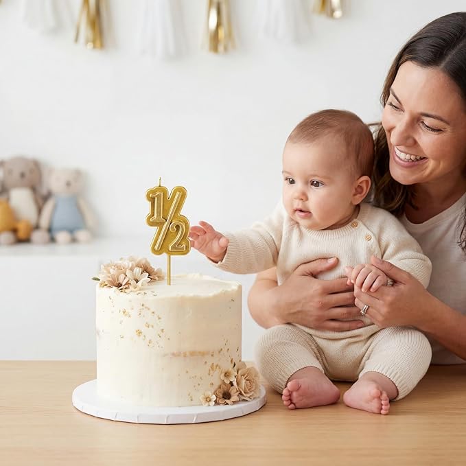 BBTO Half Birthday Candle 1/2 Year Old Cake Topper for Baby's Half Year Old Birthday Anniversary Celebration Party Decorations(Gold)