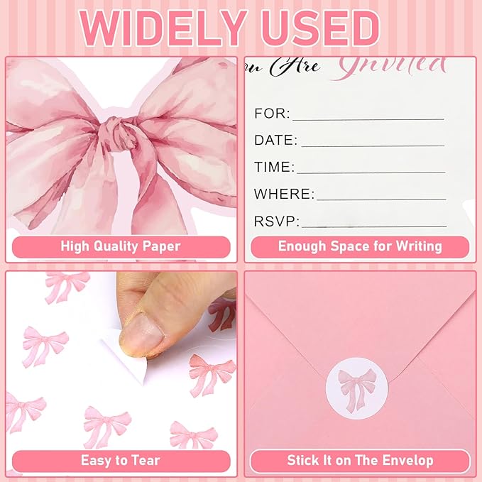 Marspark 25 Set Pink Bow Birthday Invitation Coquette Bow Paper Card with Envelopes and Stickers Wedding Birthday Bachelorette Invitation Party Supplies for Baby Shower Girls Dinner Favors, 5 x 6 Inch