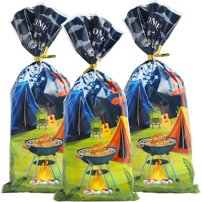 LEOSINDA Camping Cellophane Bags 5x11 Inches, 100Pcs Bulk Clear Treat Bags with 100 Gold Twist Ties, Food-Safe Plastic Gift Bag for Candies, Cookies, Snacks, Christmas, Halloween & Party Favors