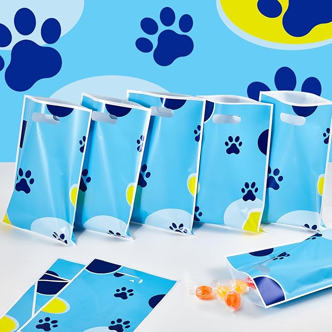 Yzzhaoo 30Pcs Blue Dog Paw Party Favors Bags, Cartoon Dog Goodie Bag with Handles for Birthday Party Theme Candy Treat Cookie Bags