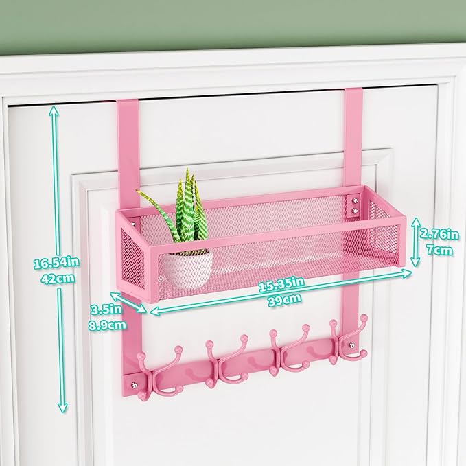 HapiRm Over The Door Hooks - Easy Installation Pink Door Hanger with Basket and 16 Hooks, 304 Stainless Steel Storage Organizer for Towels, Coats, Bathroom, Kitchen, Dorm-Pink