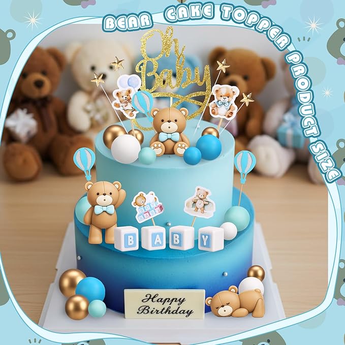 Beeveer 42 Pcs Bear Cake Toppers Bear Balls Cake Decorations Baby Shower Cupcake Toppers Candle Decorations Supplies for Birthday Party Wedding Baby Shower (Blue)