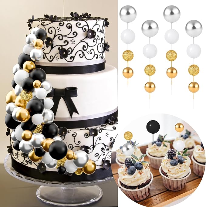 60Pcs Glitter Cake Balls Decorations Foam Cake Topper Balls Mini Balloon Cupcake Toppers for Cake Decorating Birthday Baby Shower Party (Glitter Black Silver Series)