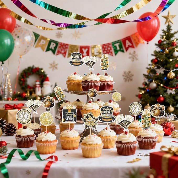 Happy New Year 2026 Cupcake Toppers, 24 PCS Happy New Year Decorations, Black and Gold Cupcake Toppers Cake Decorations Food Picks for New Year's Eve 2026 Party Decoration Supplies, 8 Designs