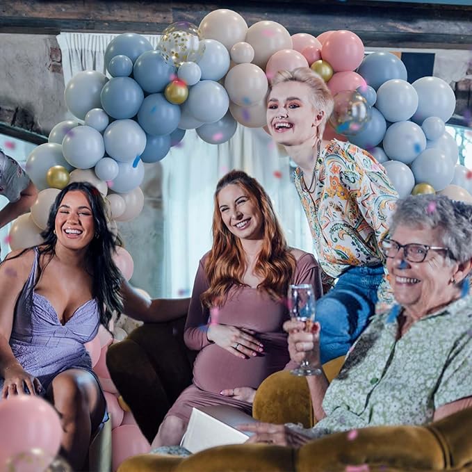 158pcs Gender Reveal Balloons Arch Kit, Dusty Pink Blue Gold Sand White for Gender Reveal Boho Bridal Bear Birthday Party Supplies Boy or Girl Baby Shower Decorations