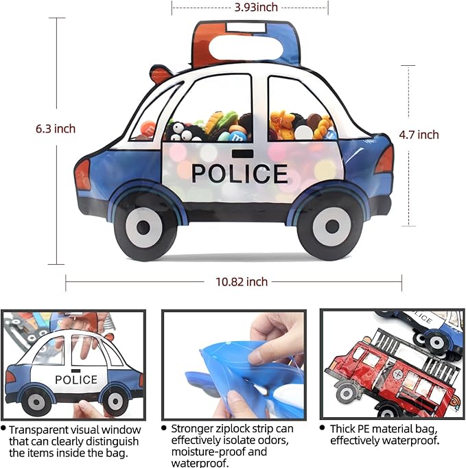 30 Pack Goodie Bags - Cartoon Police Car Candy Treat Bags with Handle - Resealable, Small Plastic Ziplock Seal Party Favor Birthday Bags