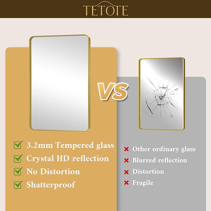 TETOTE 48 x 36 Inch Gold Mirrors Brushed Gold Metal Framed Bathroom Mirror, Tempered Glass, Modern Farmhouse Wall Mounted Mirror for Decorative(Horizontal/Vertical)