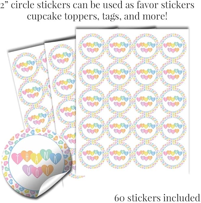Amanda Creation Valentine Pastel Candy Heart Birthday Party Sticker Bundle Kit - 429 pieces! Includes 2" Circle Stickers for Favors, Mini Candy Bar Wrappers & Round Candy Kiss Stickers