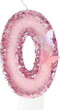 Birthday Candles，Glitter Butterfly Cake Toppers Pink Sequins Wedding Numeral Cupcake Decorations，Suitable for Girl and boy Wedding Cakes, Party Celebrations, Birthday Decorations (Number 0)