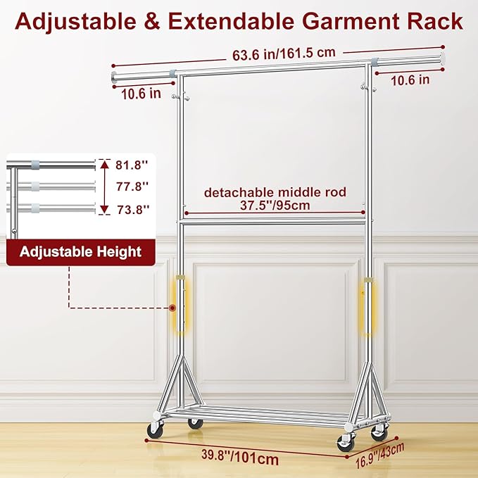 Heavy Duty Clothes Rack Load 860LBS, Rolling Double Rods Clothing Racks for Hanging Clothes, Adjustbale Garment Rack With Sturdy Wheels Shelf, Portable Closet Rack Free Standing