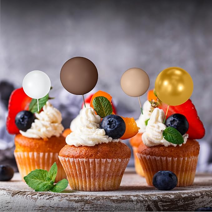 NACHLYNN 80 Pcs Cake Balls Decorations Mini Balloon Cake Topper Balls Foam Cupcake Toppers Balls for Cake Decorating Birthday Parties Weddings Anniversary (Brown Gold Series)