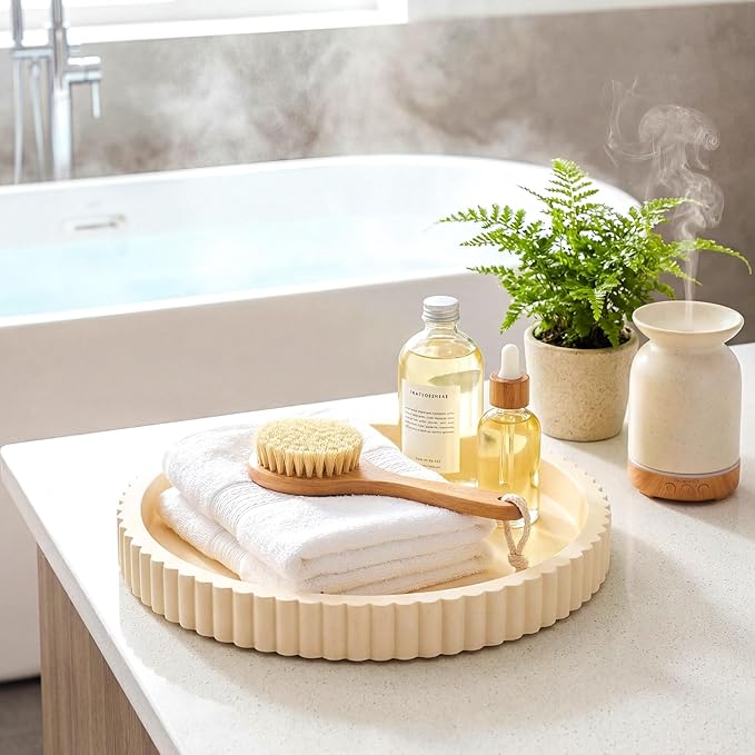 Yalikop Round Concrete Decorative Tray for Coffee Table Decoration 12" Modern Cream White Table Centerpieces Decorative Ottoman Tray for Serve Home Decoration Accent Bandejas Decorativas Gift