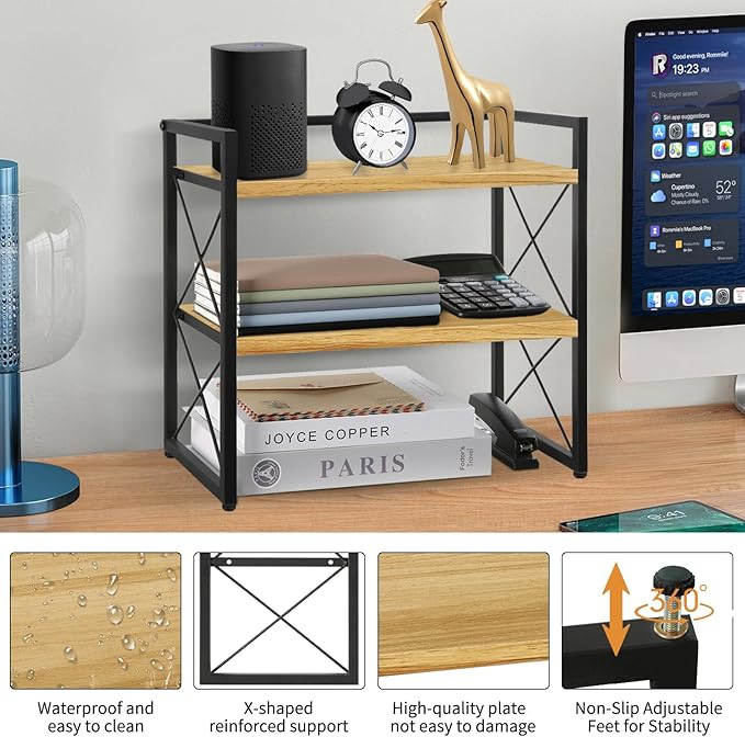 YINMIT Desktop Shelf Organizer, 2 Tier Office Shelves, Wood Desk Organizer Storage Rack and Freestanding Display Shelf for Office, Dormitory, Home (Black Wood)