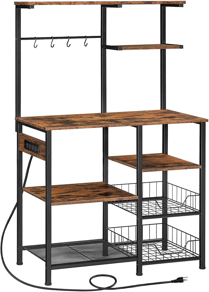 HOOBRO Large Bakers Rack with Power Outlets, 6-Tier Microwave Stand with 4 Hooks, Coffee Bar, Kitchen Shelf with Wire Basket, for Kitchen, Living Room, Office, Rustic Brown and Black BF64UHB01