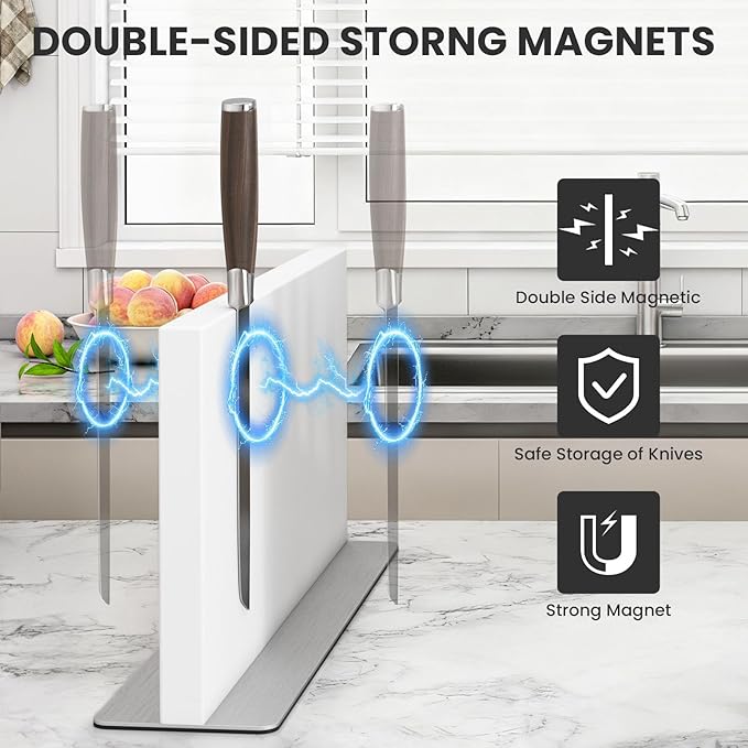 THMINS Large White Magnetic Knife Block Stainless Steel Double-Sided Magnetic Knife Holder, Universal Multi-function Display Rack for Kitchen Counter