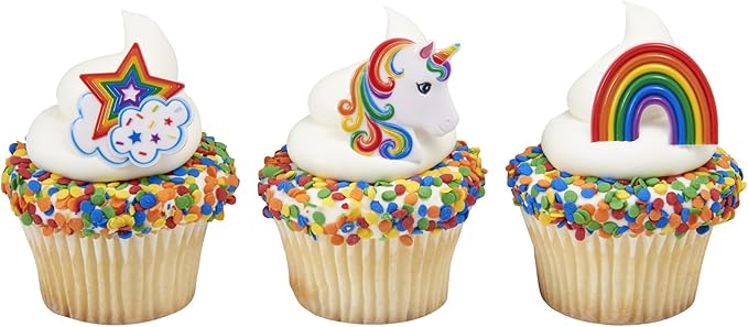 DecoPac Rainbow Unicorn Rings, Cupcake Decorations, Magical Food Safe Cake Toppers, Multi-Coloured – 24 Pack