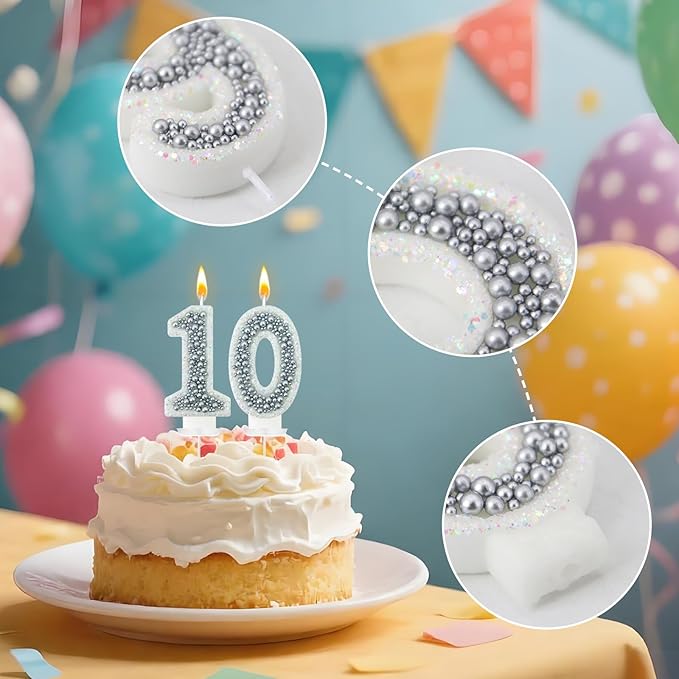 10 Birthday Number Candle for Cake, Glitter Number Candle with Silver Beads, Decorative Cake Topper for Milestone Celebrations