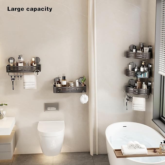 VOLPONE Shower Caddy Suction Shower Shelf No Drilling Shower Organizer Suction Cup Shower Storage Rack Aluminum Wall Mounted Shampoo Holder with Towel Bar Hooks (1-Pack, Matte Gray)