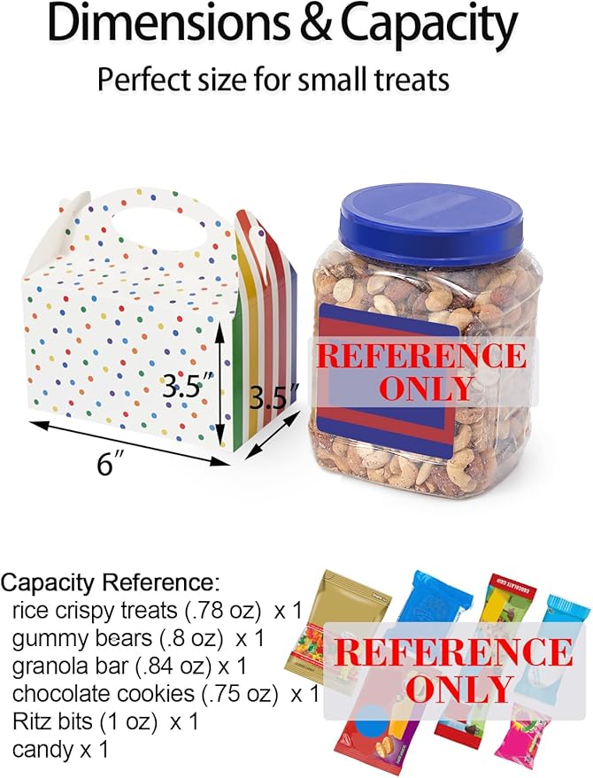 Happyhiram 50 Pcs Rainbow Party Favor Boxes for Kids Birthday Box, Polka Dot and Striped Colorful Birthday Goodie Treat Boxes with Handles 6" Gable Boxes Colorful Candy Boxes Paper Gift Boxes