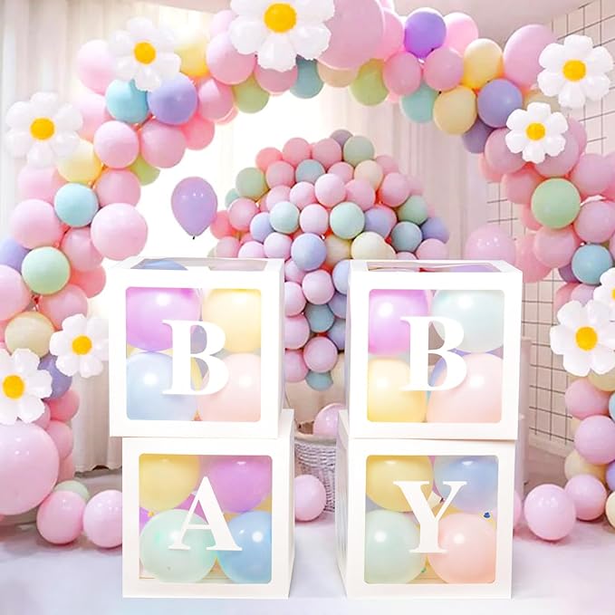 Voircoloria Baby Boxes with Letters for Baby Shower, Baby Shower Decorations with 4 Balloon Boxes for Gender Reveal Baby Shower Perfect for Easter Decorations(Pastel Balloons)