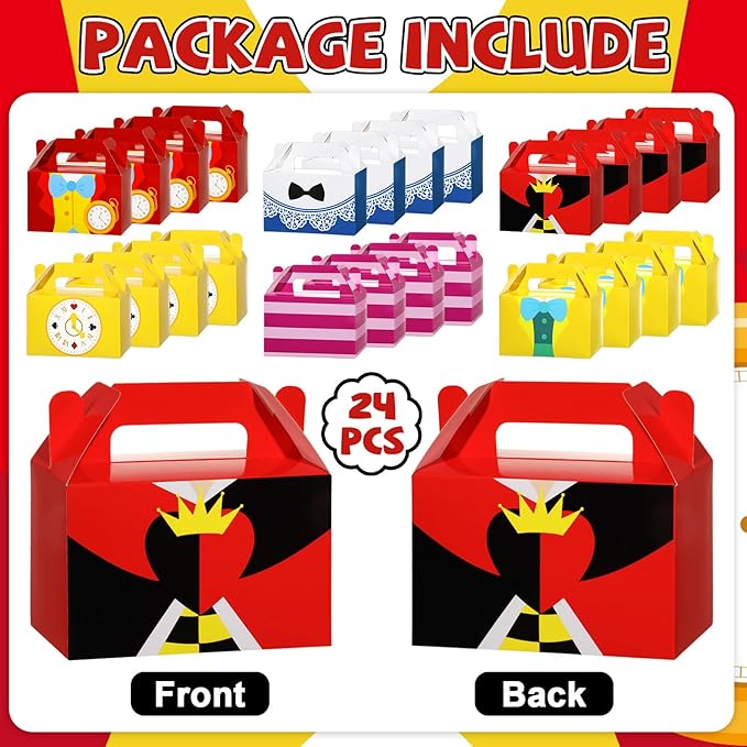 Wonderland Party Decorations Boxes Wonderland Paper Gift Boxes Tea Party Goodie Snack Treat Box with Handles for Tea Theme Parties Fairy Birthday Baby Shower Favors Supplies Decorations （24Pcs ）
