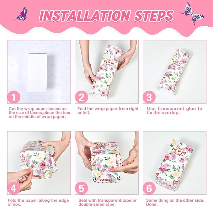 WERNNSAI Mothers Day Wrapping Paper Roll - 3 Rolls 17” x 120” Happy Mothers Day Floral Wrapping Paper for Anniversary Birthday DIY Crafts Spring Gifts Wrapper for Women Mom Pretty Rose Wraps