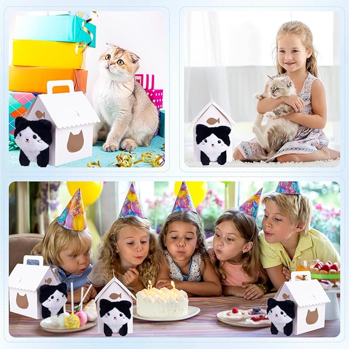 ARELUX 30 Pcs Cat House Shaped Party Favor Boxes, Foldable Pet Adoption Treat Gift Boxes with DIY Stickers - White Blank Goodie Bags for Kitten Birthday, Baby Shower & Cat Themed Events