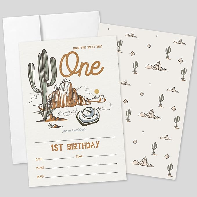AEHIE 20 Sets Western 1st Birthday Party Invitations With Envelopes,How The West Was One Double-sided Printed Birthday Party Invitation Invite Cards for Baby Girls Boys,1st Rodeo Birthday Invites