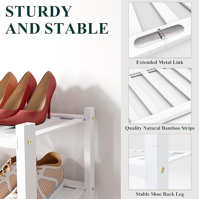 Smiry Long Bamboo Shoe Rack, 6 Tier Free Standing Wooden Shoe Organizer, Stackable Wood Shoe Storage Shelf for Closet, Entryway, 12 Vertical Slats, 2+2+2 Stack Standard Legs, 33.7"x11"x39", White