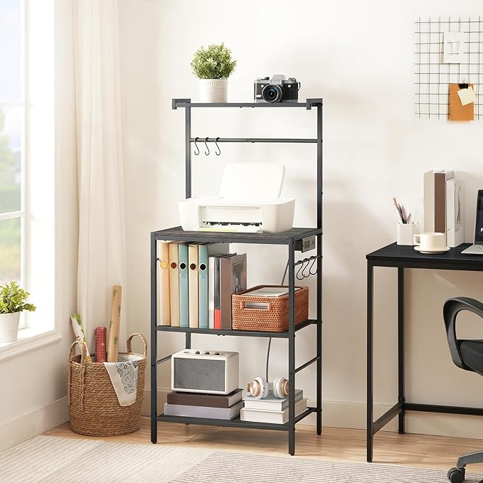 MAHANCRIS Bakers Rack with Power Outlet, Kitchen Storage Shelf with 6 Hooks, Microwave Stand with Storage, 4-Tier Coffee Bar Station, for Kitchen, Dining Room, Charcoal Gray and Black BRHT35E01N1