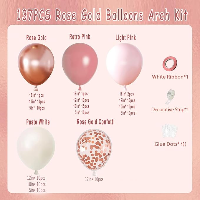 Rose Gold Balloon Arch Kit, 137Pcs Blush Pink Dusty Balloons Metallic Sand White Vintage Soft Pink for Wedding Baby Shower Girl Birthday Bridal Shower Princess Party Decorations